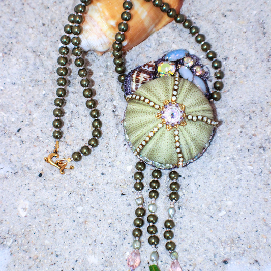 Green Sea Urchin Shell Statement Necklace Pearl, Vintage Jewelry & Crystal Drop Heirloom