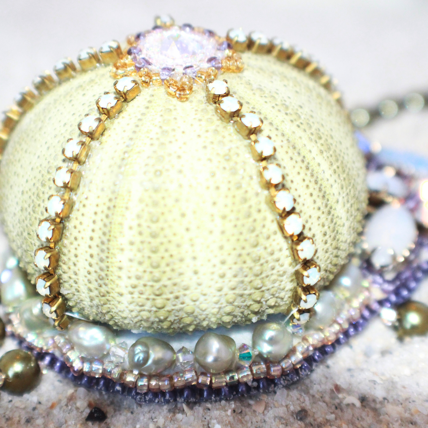Green Sea Urchin Shell Statement Necklace Pearl, Vintage Jewelry & Crystal Drop Heirloom