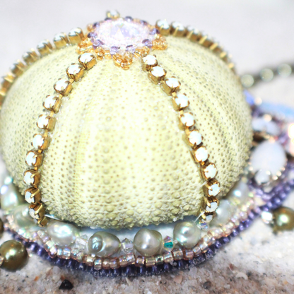 Green Sea Urchin Shell Statement Necklace Pearl, Vintage Jewelry & Crystal Drop Heirloom