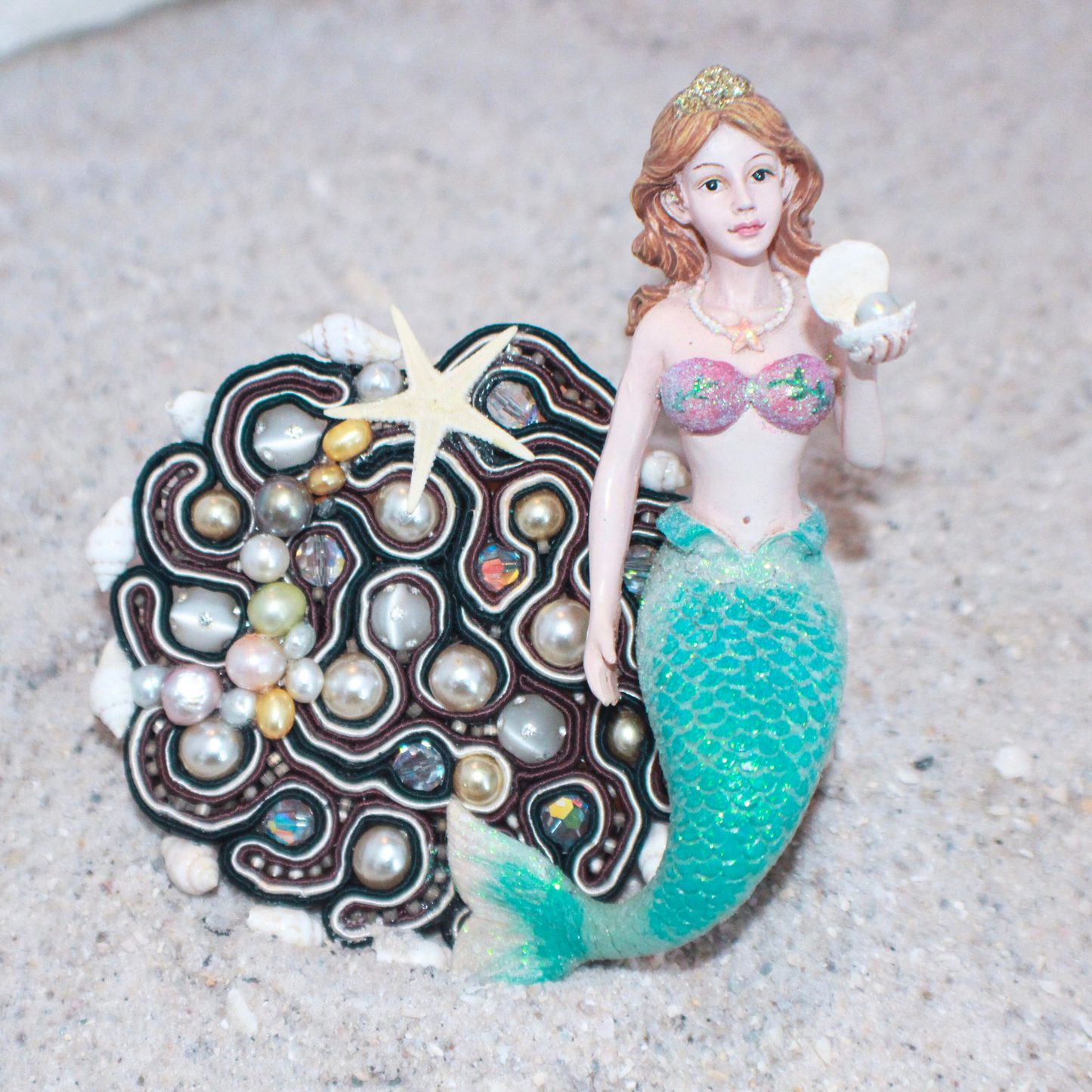 Siren Brooch, Handmade Pearl, Shell & Crystal Mermaid Statement Pin